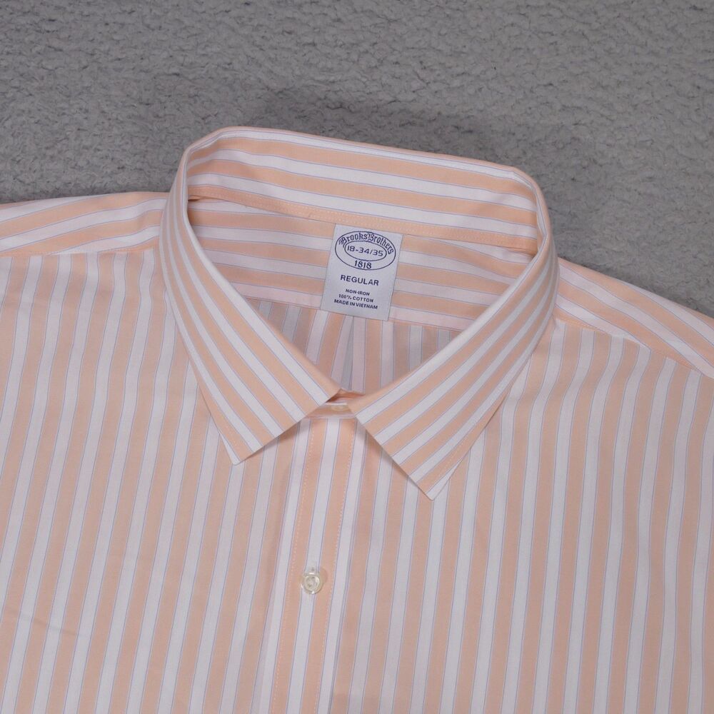 Brooks Brothers Shirt Mens 18 34/35 Orange Blue Button Up Long Sleeve